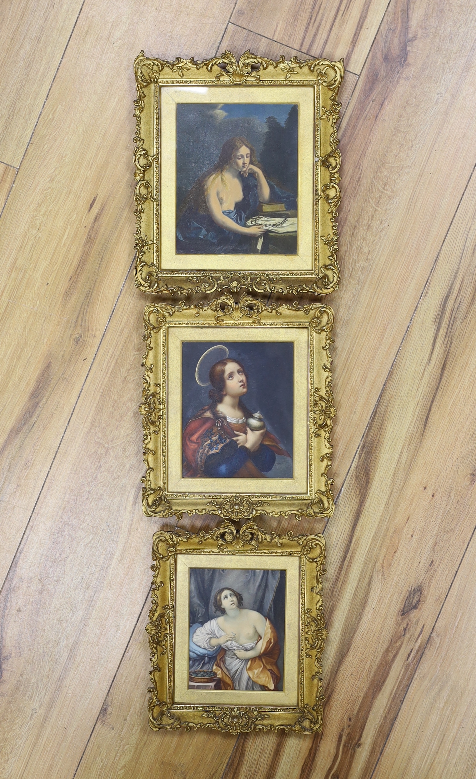 Set of three 19th century oils, Mary Magdalene with crown of thorns, The Penitent Magdalene and Cleopatra, largest 16.5 x 13cm
